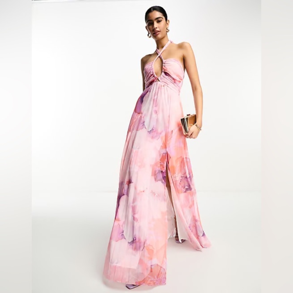 NWOT 14 pink chiffon pleated maxi floral dress dinner formal party pastel asos
